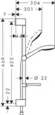 Technische Zeichnung eines Duschsets mit Brausestange, Handbrause und Seifenschale, gefertigt von Hansgrohe. Abmessungen und Details sind klar dargestellt.